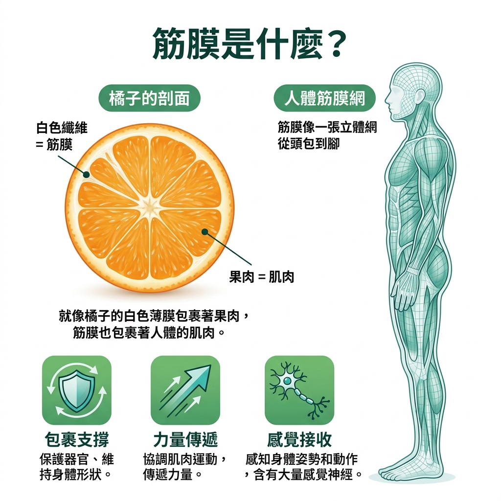筋膜是什麼?橘子比喻與人體筋膜網圖解
