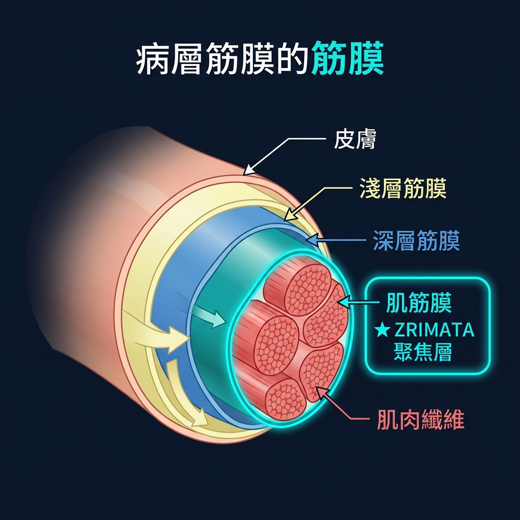 筋膜層級結構圖：皮膚→淺層筋膜→深層筋膜→肌筋膜（ZRIMATA 聚焦層）→肌肉纖維