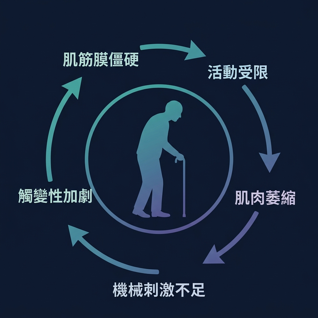 肌筋膜與肌少症的惡性循環圖:肌筋膜僵硬→活動範圍受限→肌肉萎縮加速→機械刺激不足→觸變性加劇→回到肌筋膜僵硬