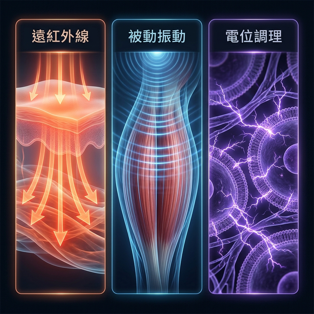 三維技術示意圖:遠紅外線穿透皮膚層、被動振動波紋穿過筋膜、電位調理在細胞膜周圍
